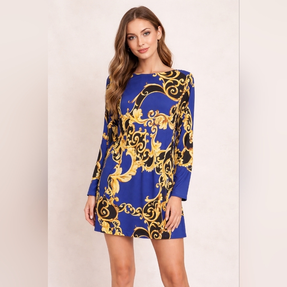 #1729 MSK Blue & Gold Patterned A Line Sheath With Bell Sleeves Sz. L
